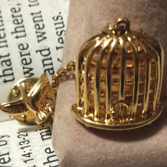 Vintage Designer Monet Chain Lapel Brooch/Pin Bird Cage with Bird on End  - Picture 1 of 11
